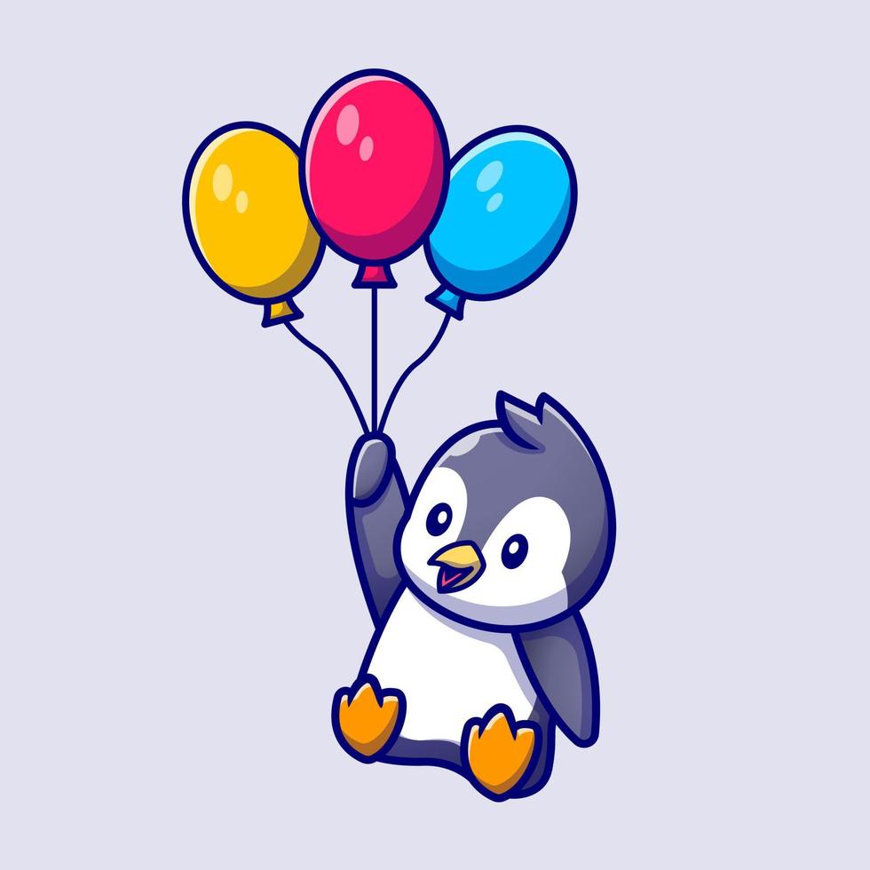 lindo pingüino volando con globos dibujos animados vector icono ilustración. concepto de icono de amor animal vector premium aislado. estilo de dibujos animados plana