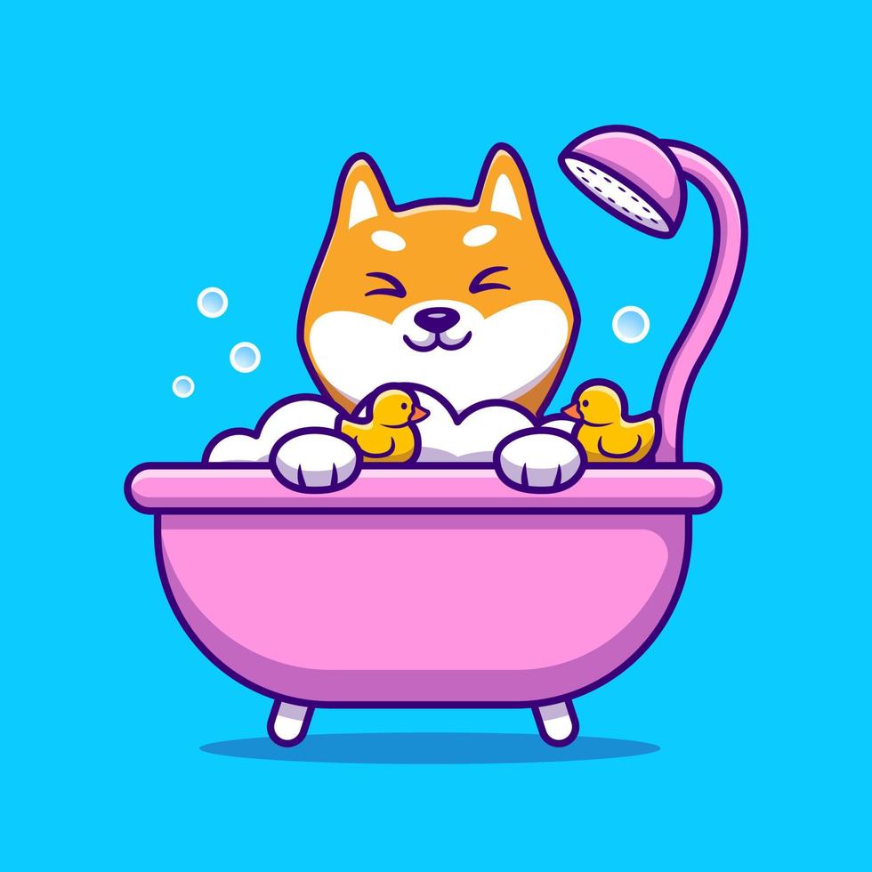 Cute Shiba Inu Bathing Shower In Bathtub Cartoon Vector Icon Illustration. Animal Love Icon Concept Isolated Premium Vector. Flat Cartoon Style