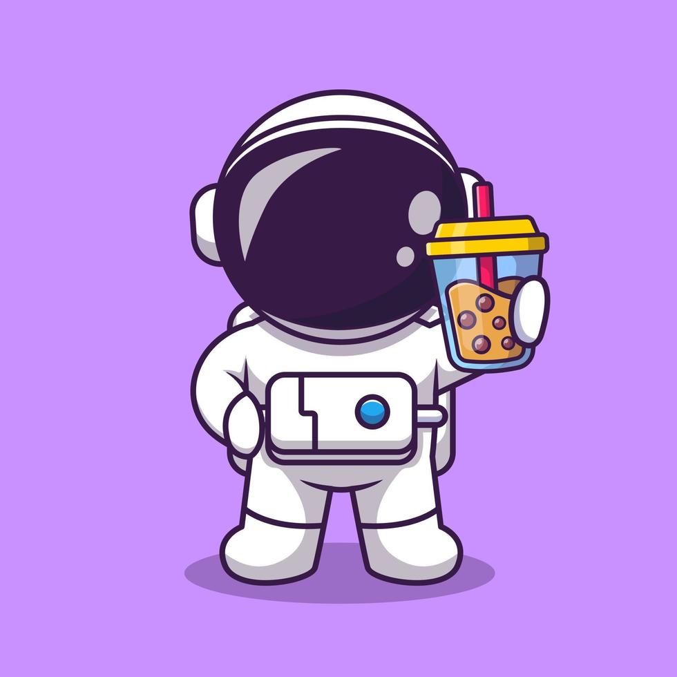 lindo astronauta sosteniendo boba leche té dibujos animados vector icono ilustración. concepto de icono de comida y bebida de ciencia vector premium aislado. estilo de dibujos animados plana