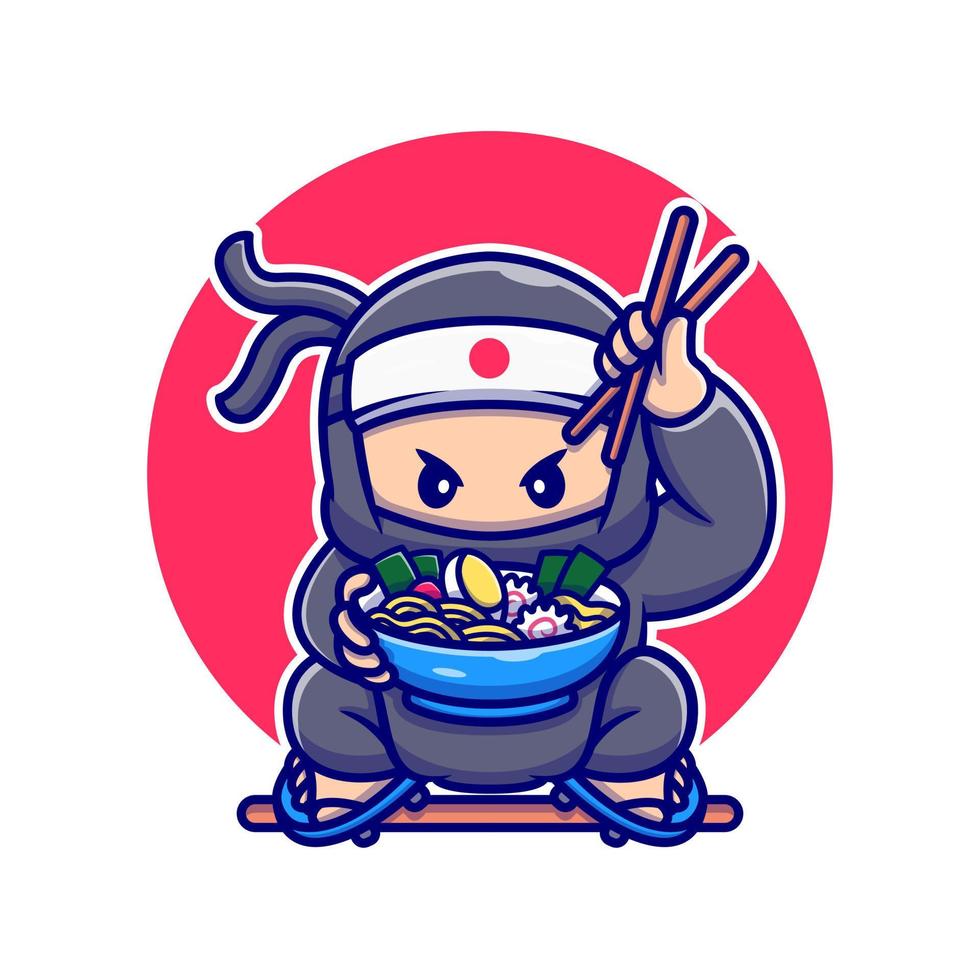 Cute Ninja Eating Ramen Noodle Cartoon Vector Icon Illustration. People Food Icon Concept Isolated Premium Vector. Flat Cartoon Style