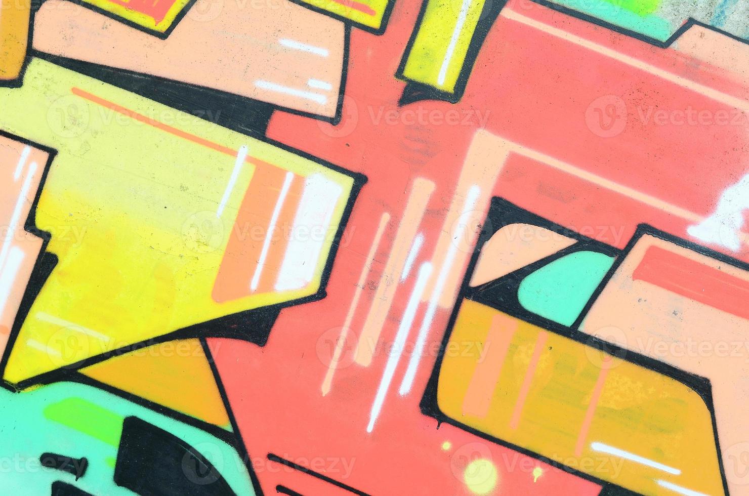 Background image with a colored graffiti pattern, which is applied to the concrete wall with aerosol paints. A lot of contours and fragments filled with paint, forming an interesting composition photo