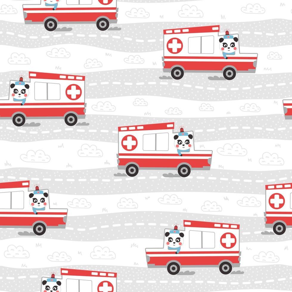 Seamless pattern with ambulance car, medical rescue team ornament for kids with panda vector