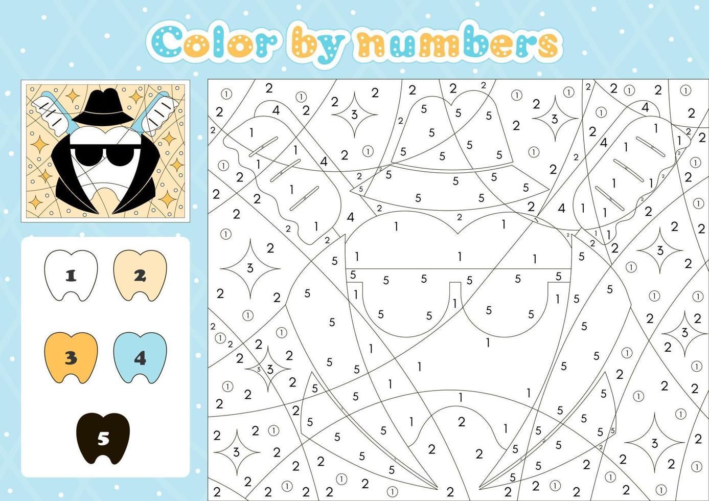 página para colorear con temas dentales por número para niños con lindo personaje de dientes y cepillo de dientes vector