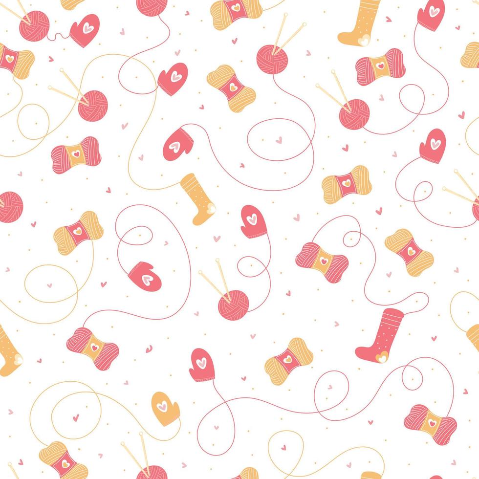 Cozy pattern with knitting and crocheting craft elements on white background vector