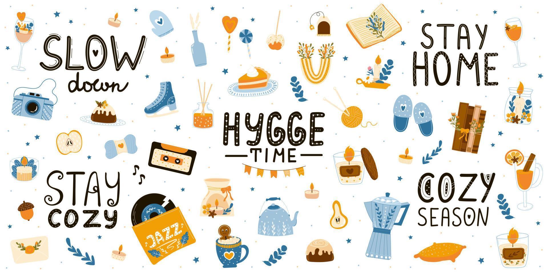 gran colección de elementos hygge en estilo de dibujos animados con letras vector