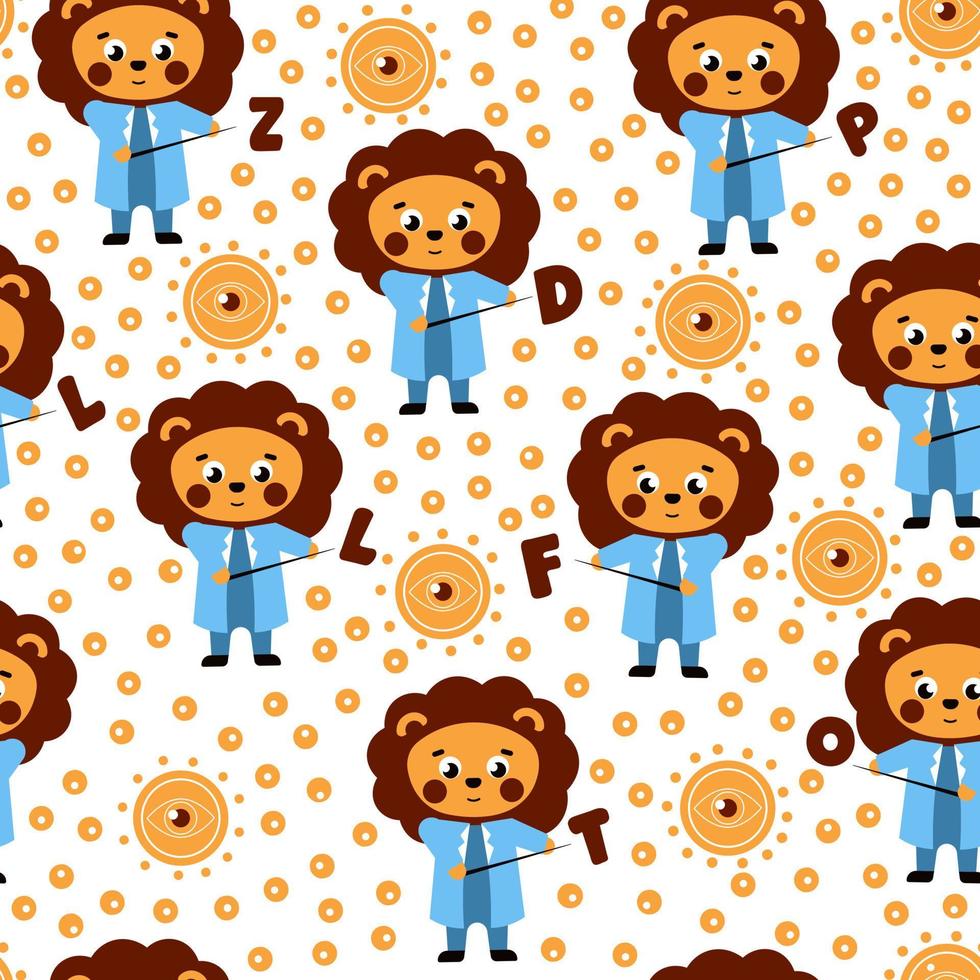Ophthalmology pattern with childish character lion doctor vector