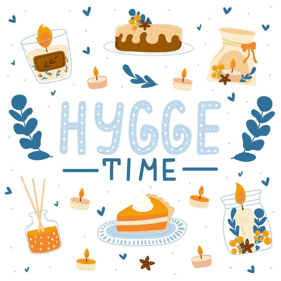 colección hygge time, concepto de confort invernal y comodidad con velas y pastelería vector