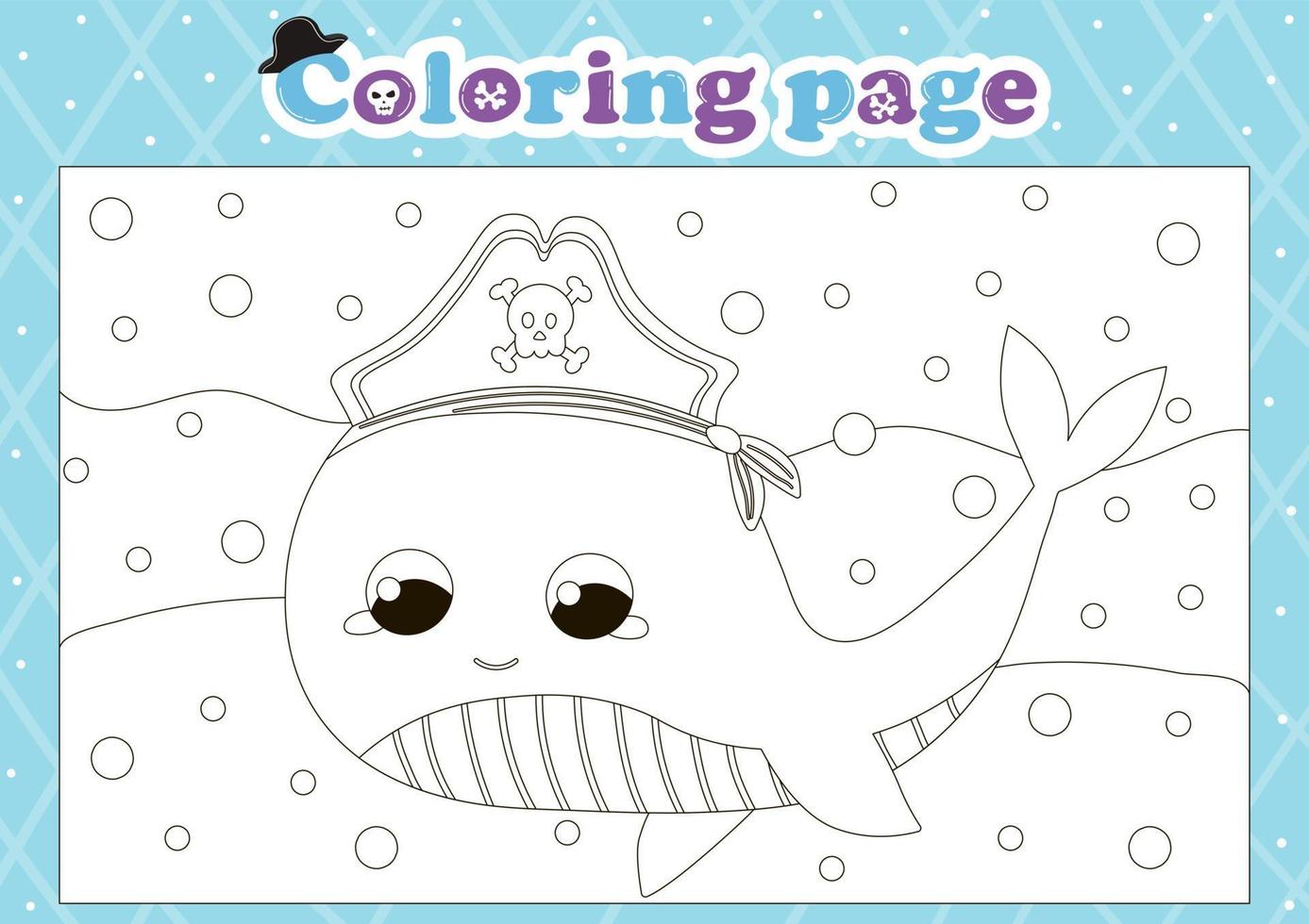 Pirate themed coloring page for kids with cute animal character whale vector