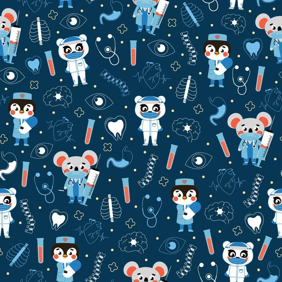 Medical pattern with animal doctor on dark background for kids in cartoon style for print or fabric vector