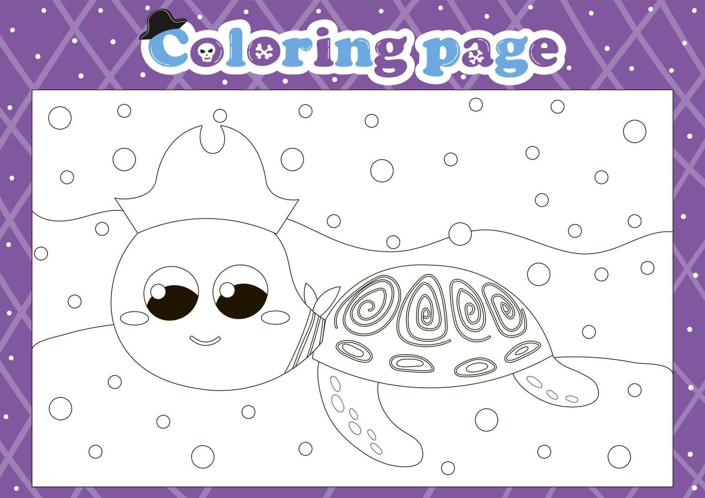 Página para colorear con temática pirata para niños con una linda tortuga de carácter animal. vector