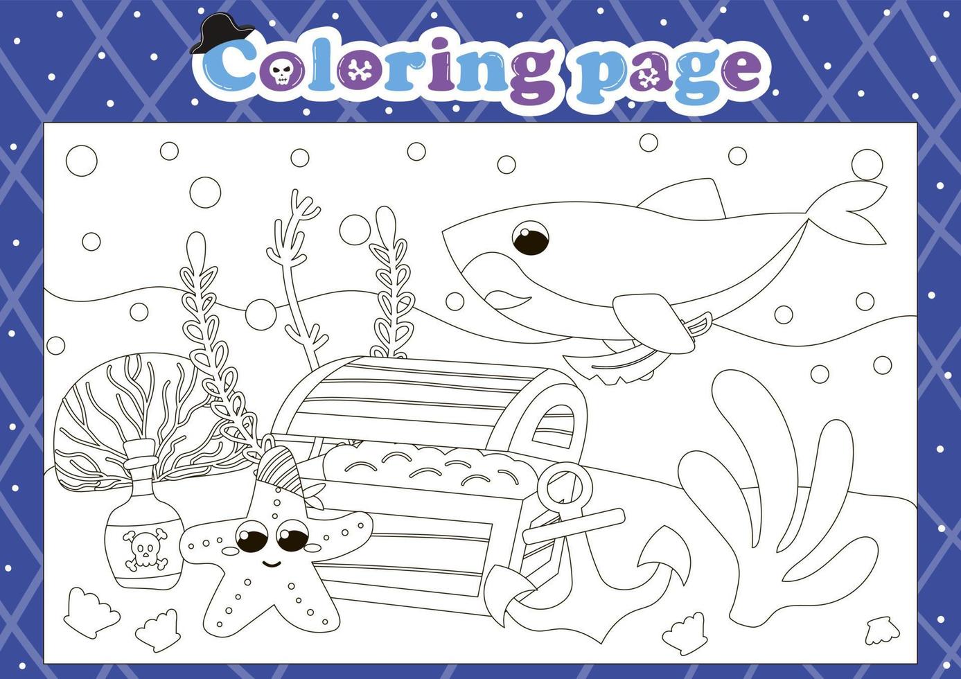 Pirate themed coloring page for kids with cute animal characters and chest with coins vector