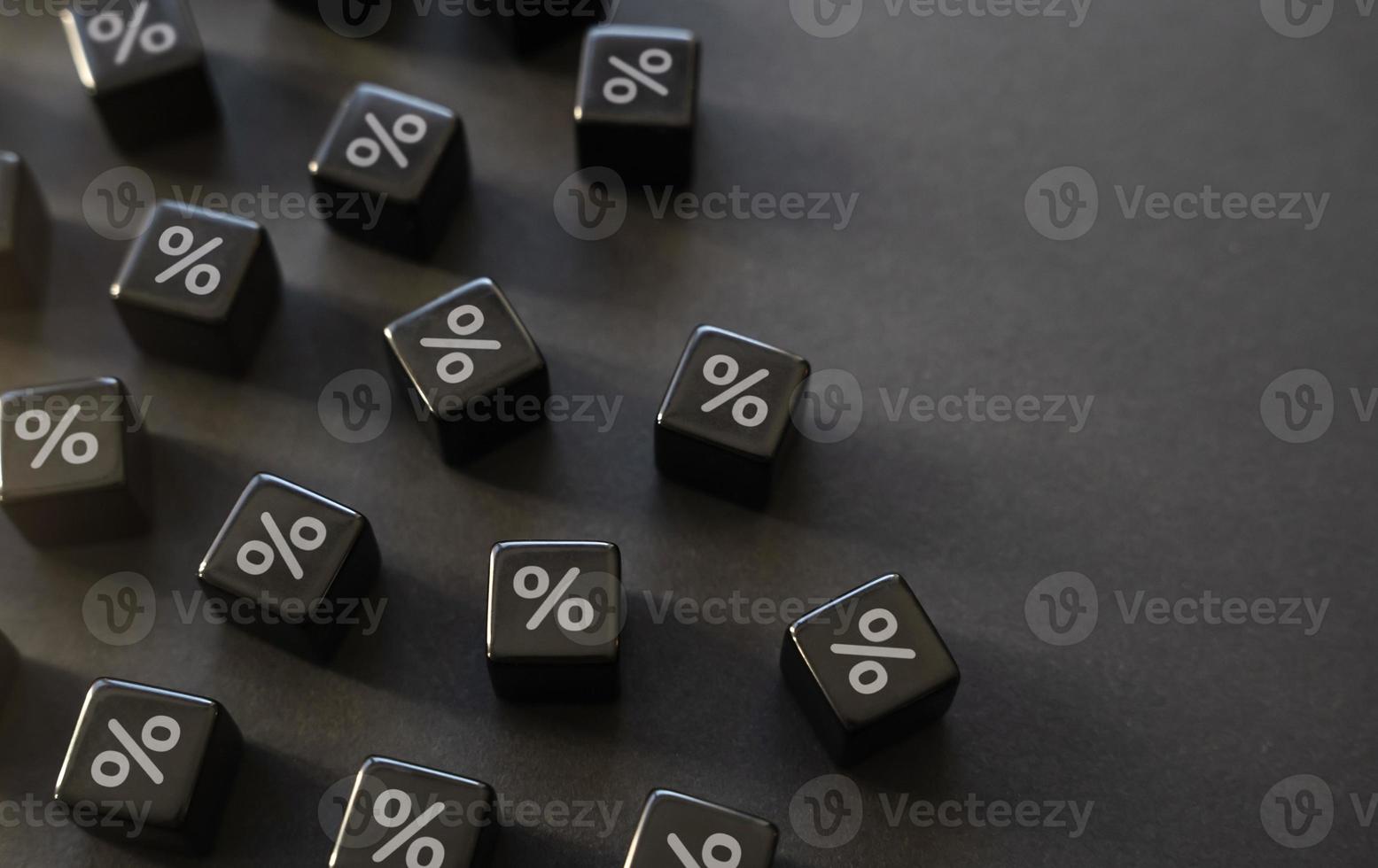 Black blocks with percentages. Interest rate. Credits and deposits. Take the best mortgage offer. Preservation of savings and assets. Losses and debts. Black financial market. photo