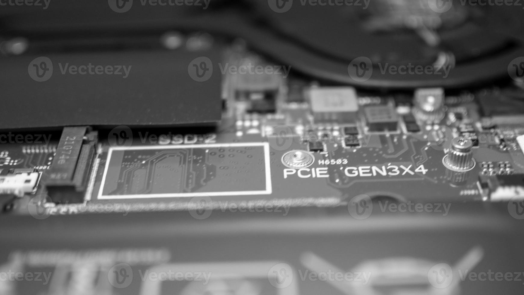 Circuit board with resistors microchips and electronic components. Computer hardware technology. Integrated communication processor. Information engineering. PCB. photo