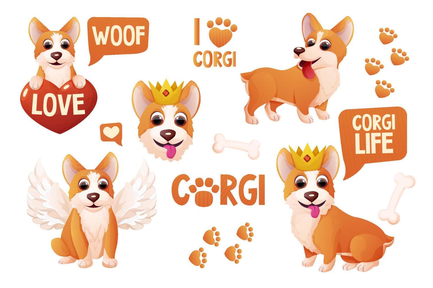 coloque pegatinas de perro corgi con corona, alas, sentado, mascota adorable, actividades en estilo de dibujos animados aislado sobre fondo blanco. personaje emocional cómico, pose divertida. ilustración vectorial vector