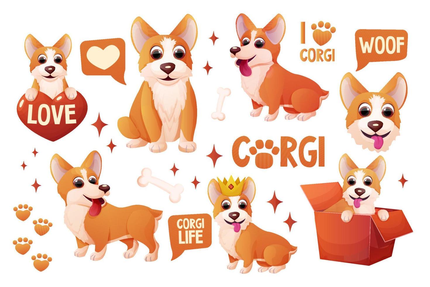 Set corgi dog stickers with crown, wings, sitting, adorable pet, activities in cartoon style isolated on white background. Comic emotional character, funny pose. Vector illustration