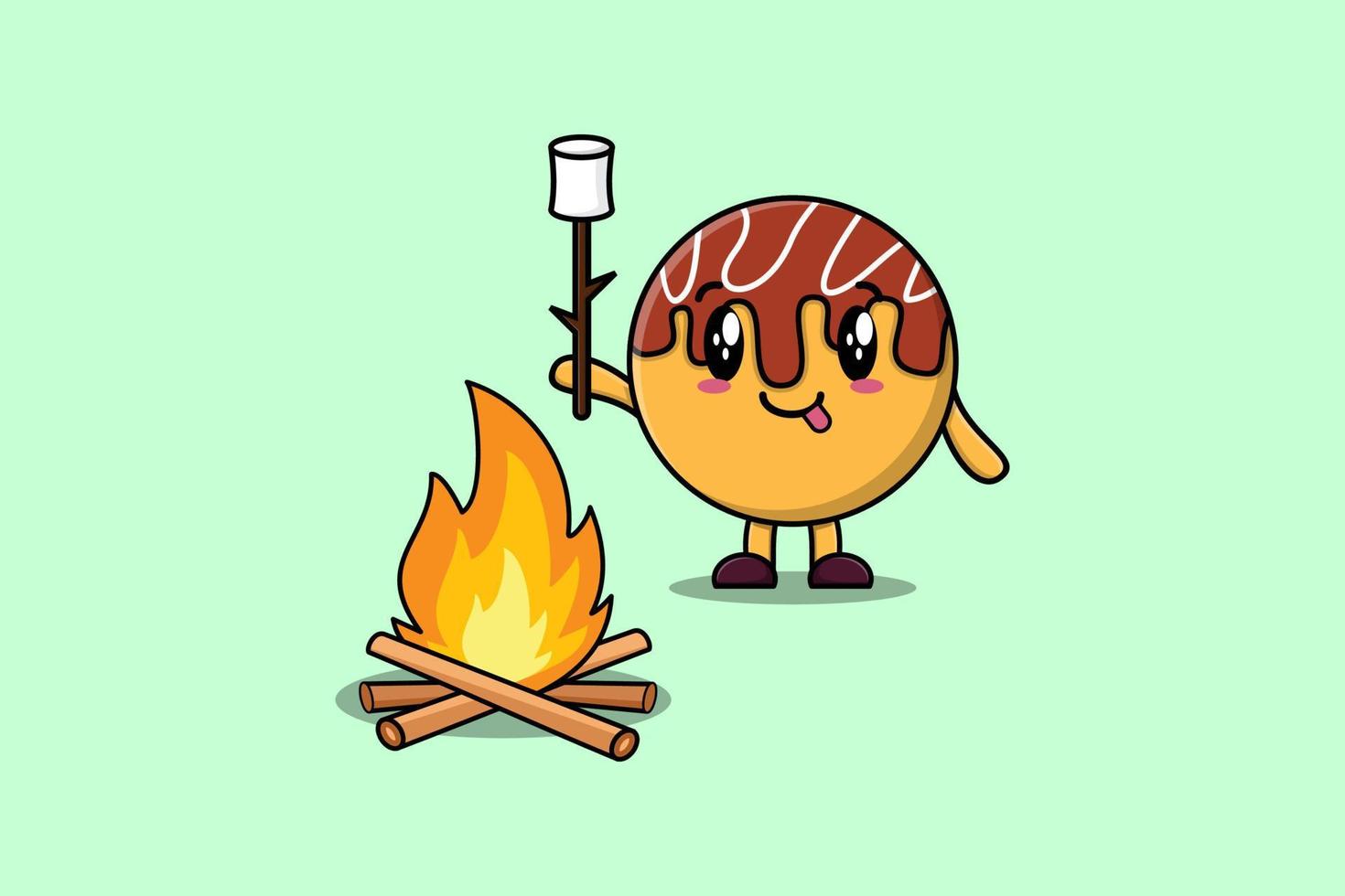 lindo dibujo animado takoyaki está quemando malvavisco vector