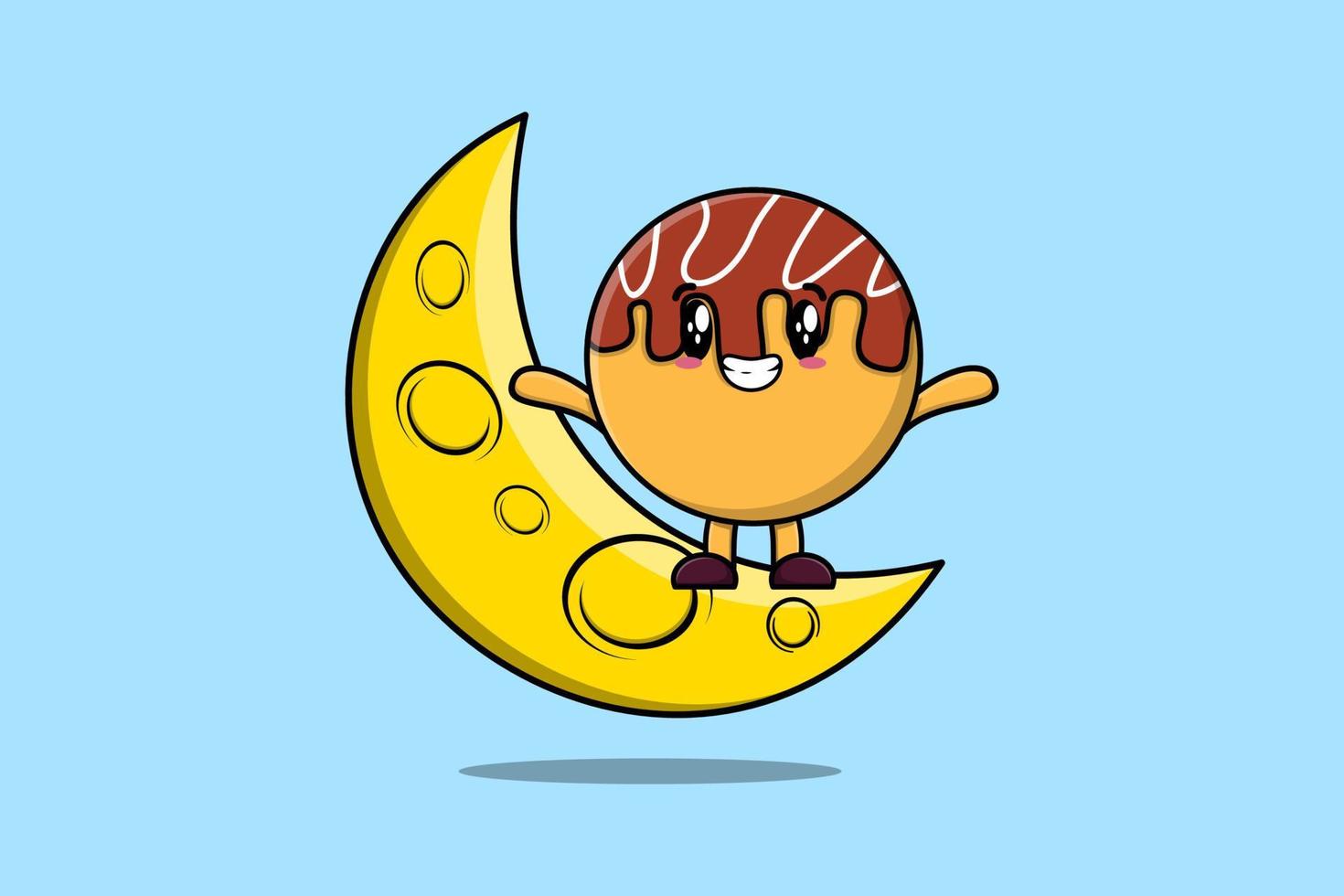 Cute cartoon Takoyaki standing on crescent moon vector