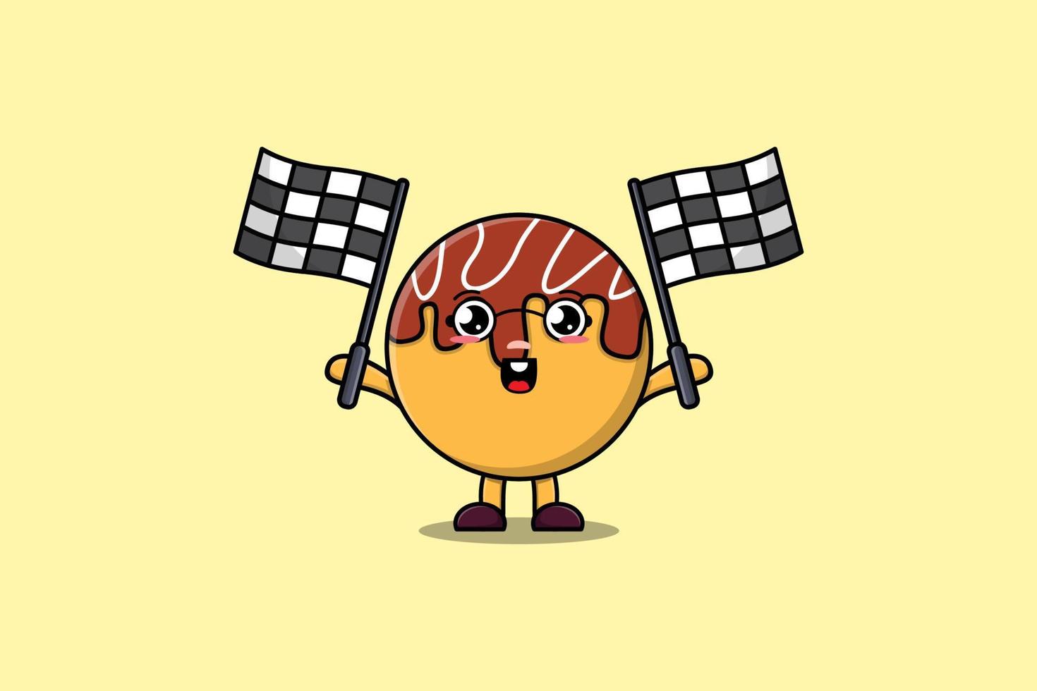 Takoyaki cartoon hold crossed checkered race flag vector