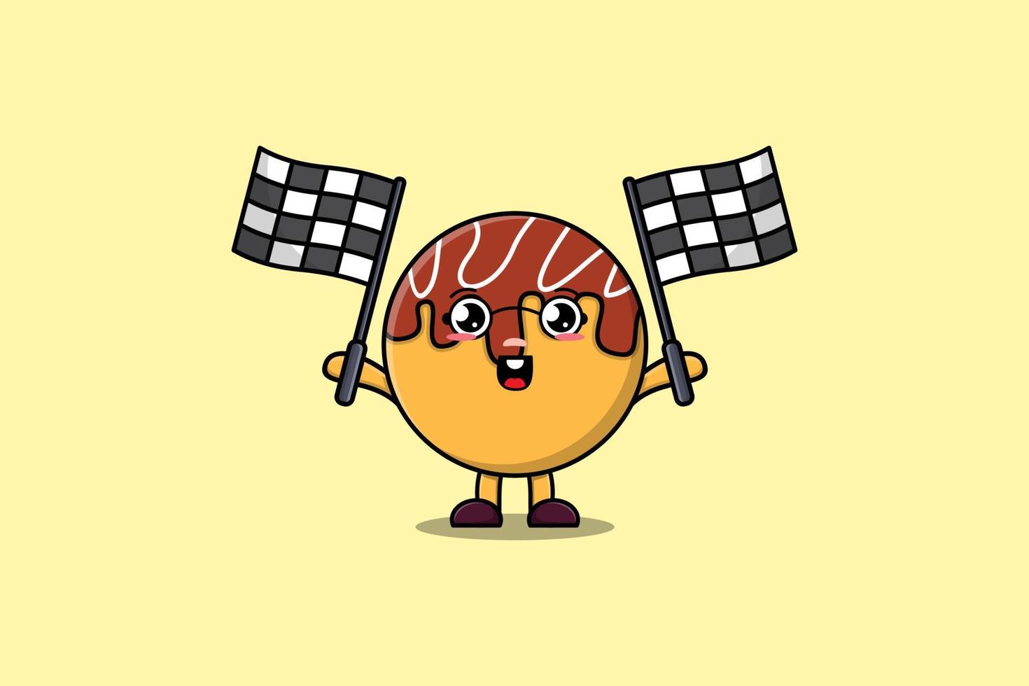 Takoyaki cartoon hold crossed checkered race flag vector