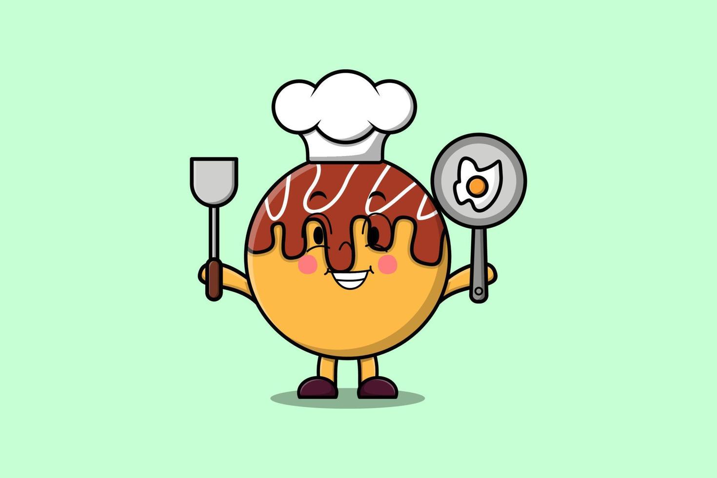 Cute cartoon Takoyaki chef holding pan and spatula vector