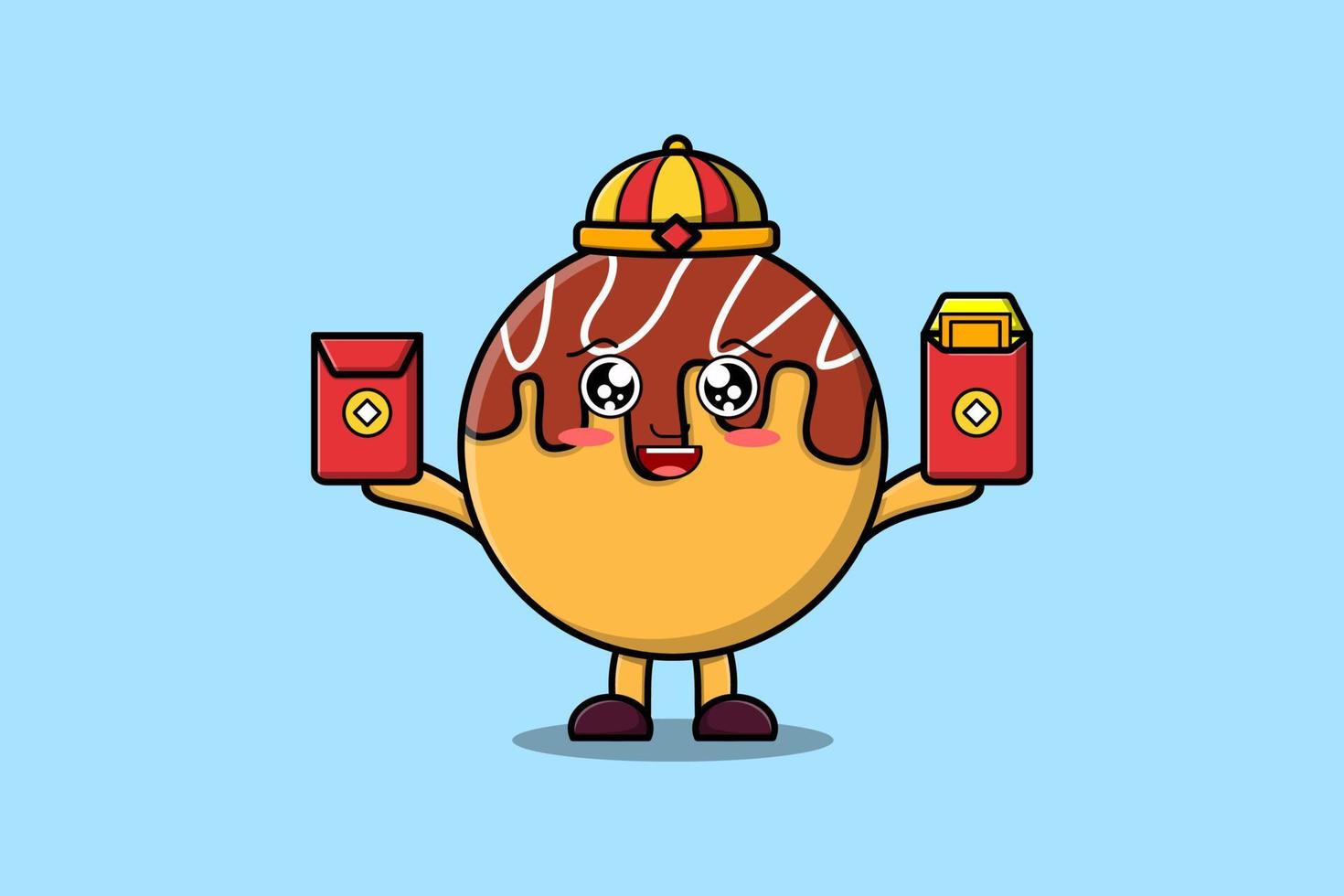 dibujos animados lindo takoyaki chino con paquetes rojos vector