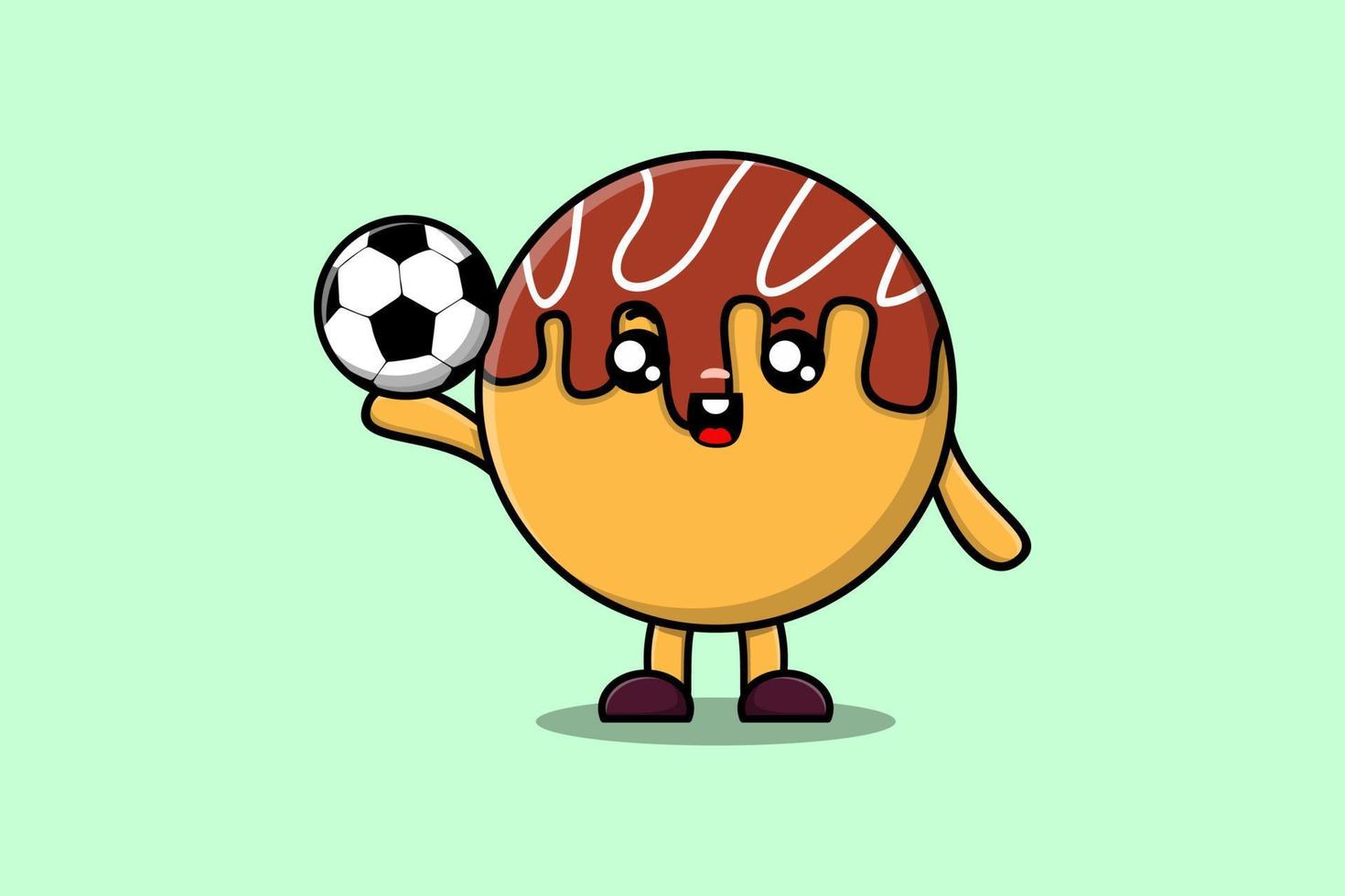 lindo personaje de dibujos animados takoyaki jugando al fútbol vector