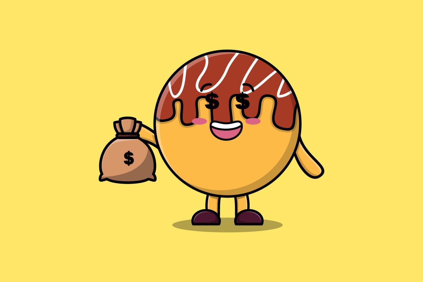 lindo dibujo animado loco rico takoyaki con bolsa de dinero vector