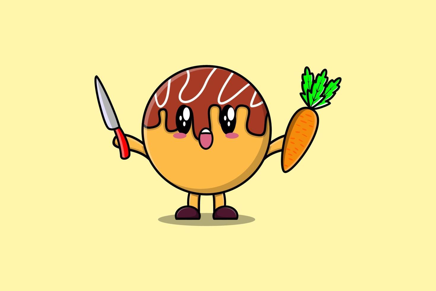 Cute cartoon Takoyaki holding knife and carrot vector