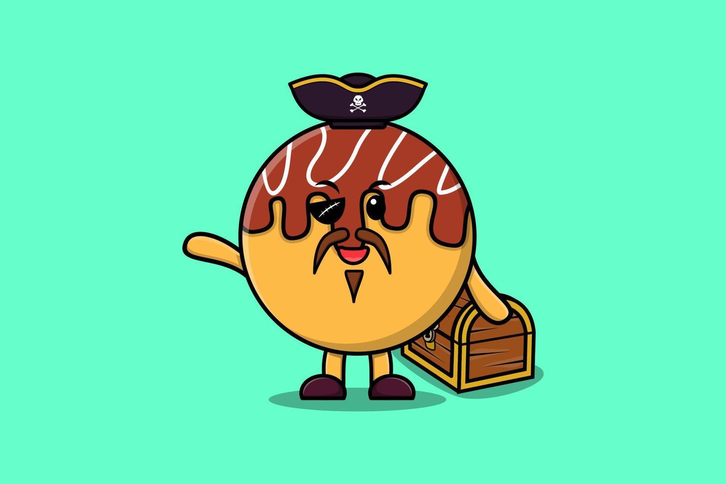 pirata takoyaki de dibujos animados lindo con caja del tesoro vector