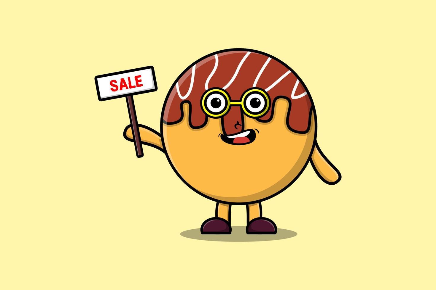 lindo personaje de dibujos animados takoyaki con cartel de venta vector