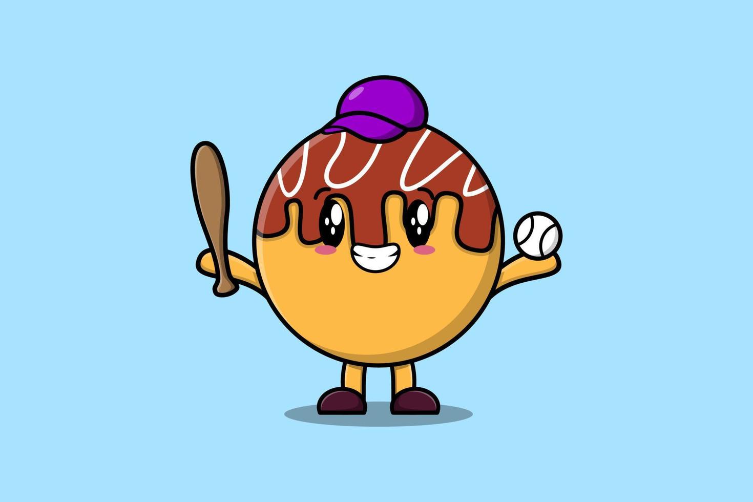 Cute cartoon Takoyaki character playing baseball vector