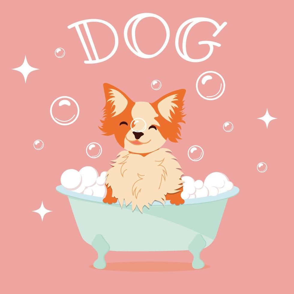 ilustración de dibujos animados vectoriales de un perro lindo tomando un baño lleno de espuma jabonosa. concepto de cuidado. vector