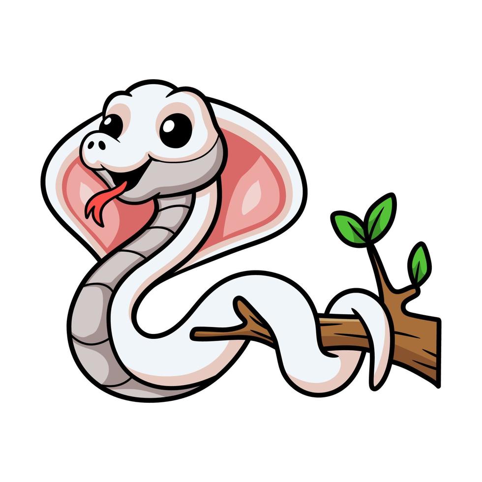 Cute leucistic cobra snake cartoon on tree branch vector