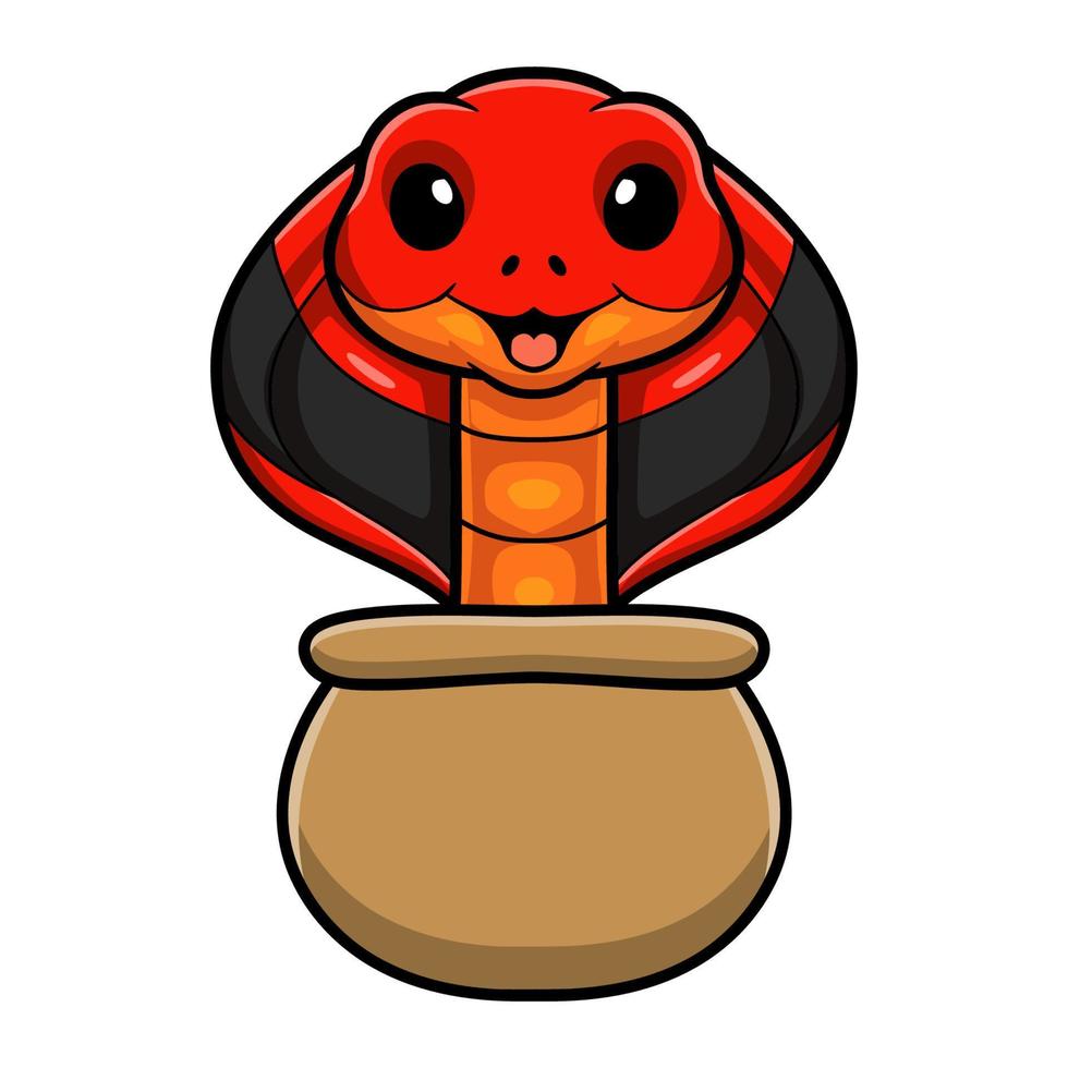 Cute red spitting cobra cartoon out from bag vector