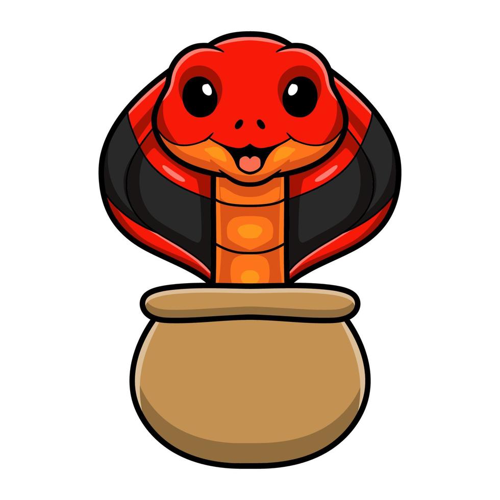 Cute red spitting cobra cartoon out from bag vector