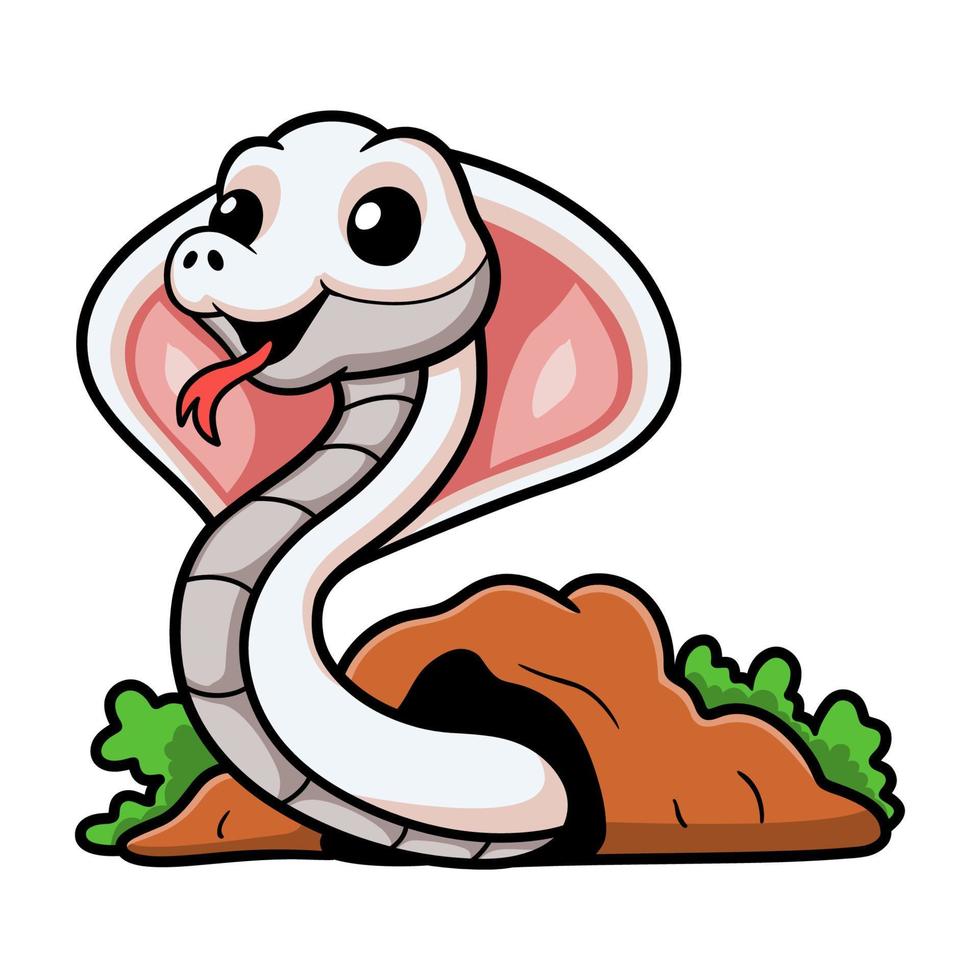 linda caricatura de serpiente cobra leucística fuera del agujero vector