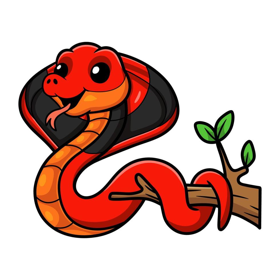Cute red spitting cobra cartoon on tree branch vector