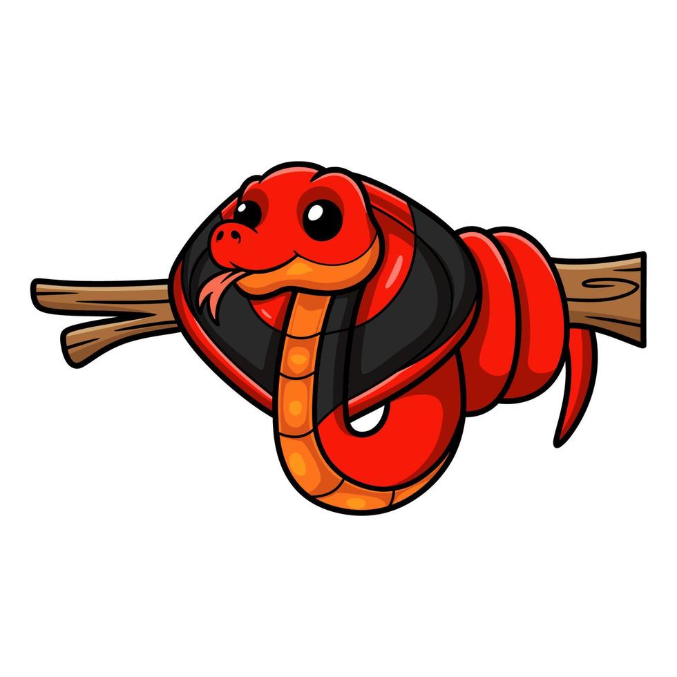 Cute red spitting cobra cartoon on tree branch vector