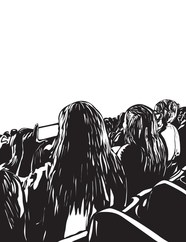 Crowd of Young People with Cellphone at a Live Concert Woodcut Style Portrait vector