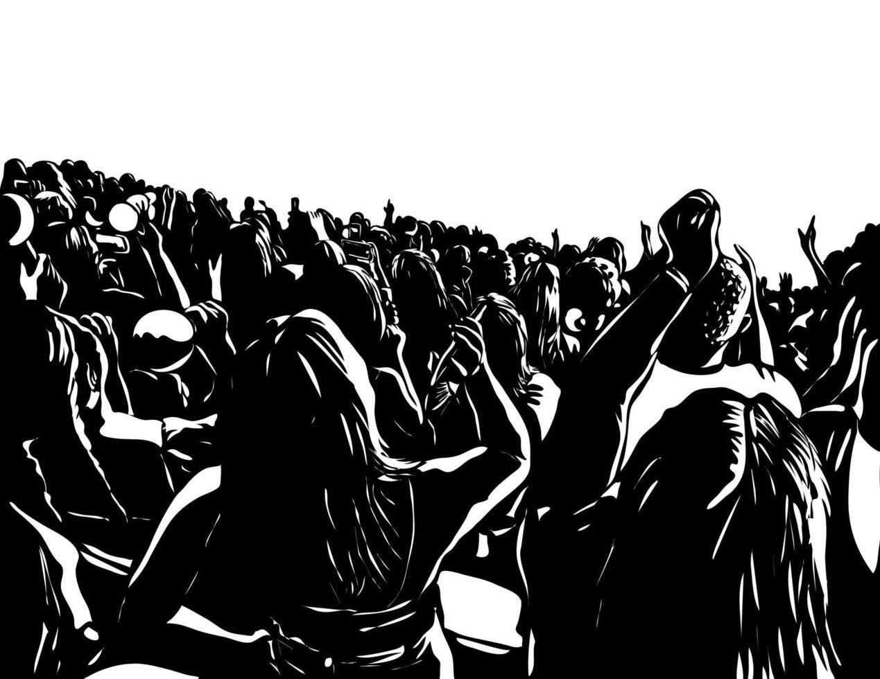 Crowd of People Watching a Concert Holding Mobile Phones Woodcut Black and White vector