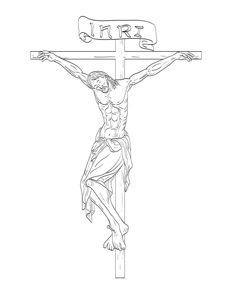 jesucristo en la cruz dibujo de arte lineal de estilo medieval vector