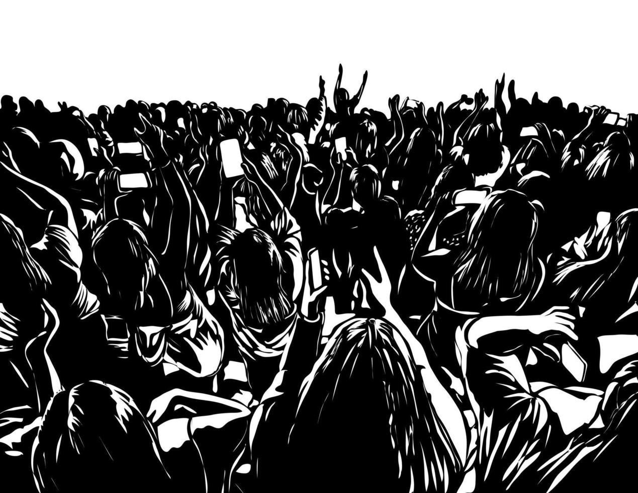 Crowd of People Watching a Concert Holding Mobile Phones Woodcut Black and White vector