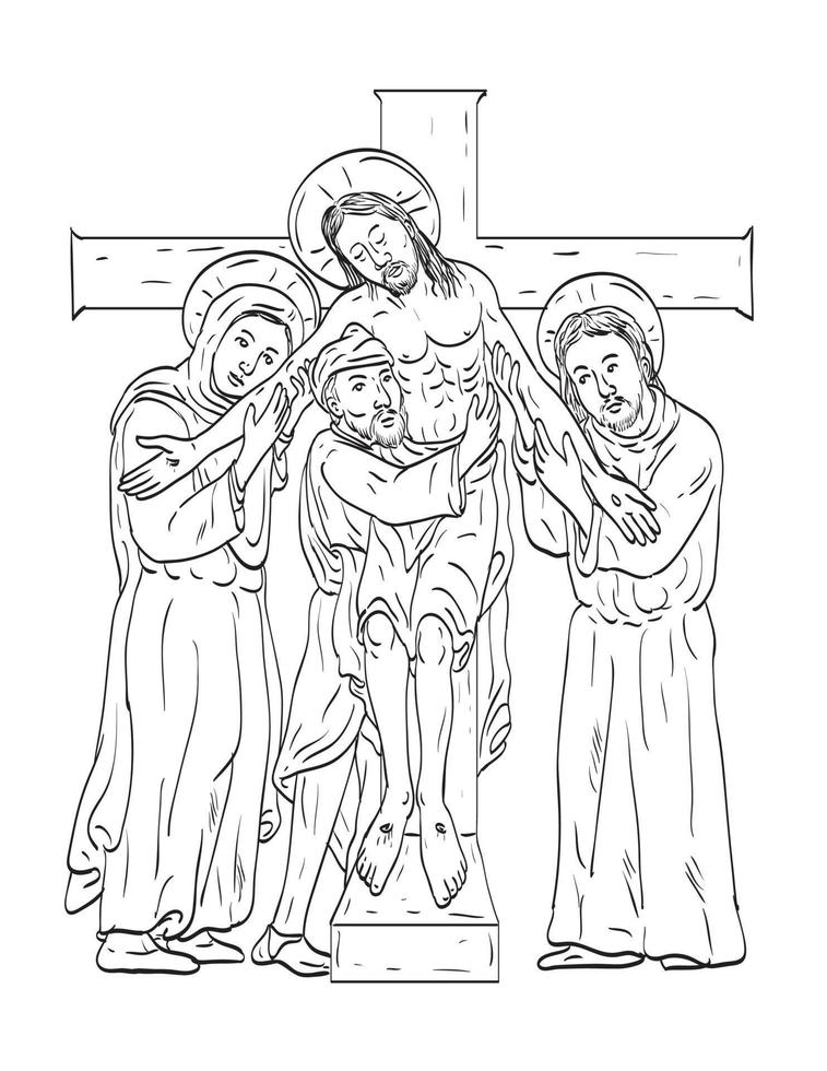 Jesus Taken Down from Cross with Mary John the Apostle and Joseph of Arimathea Medieval Style Line Art Drawing vector