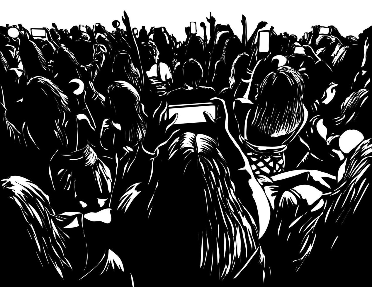 multitud de jóvenes con celular en un concierto en vivo estilo woodcut vector