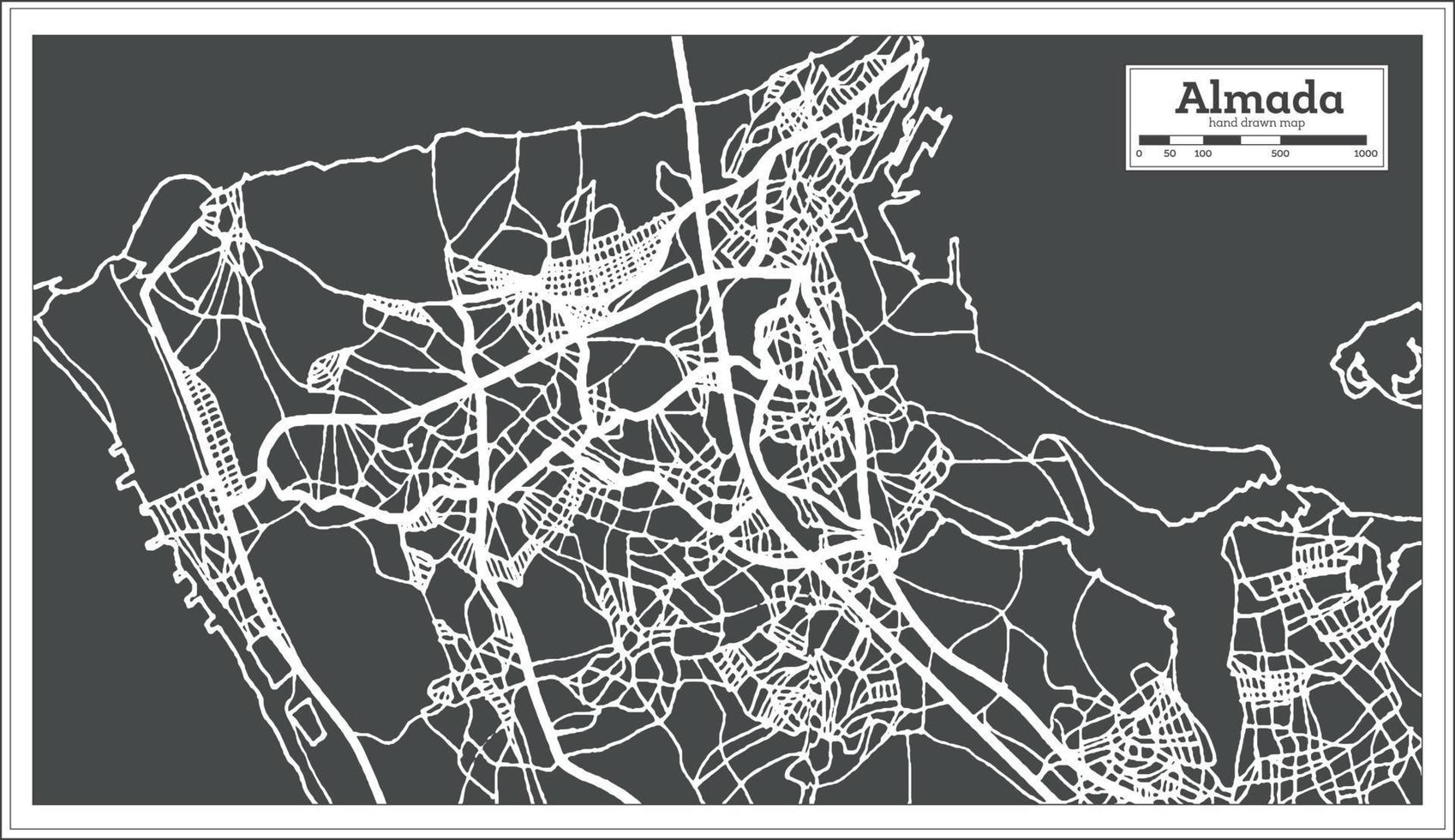 mapa de la ciudad de almada portugal en estilo retro. vector