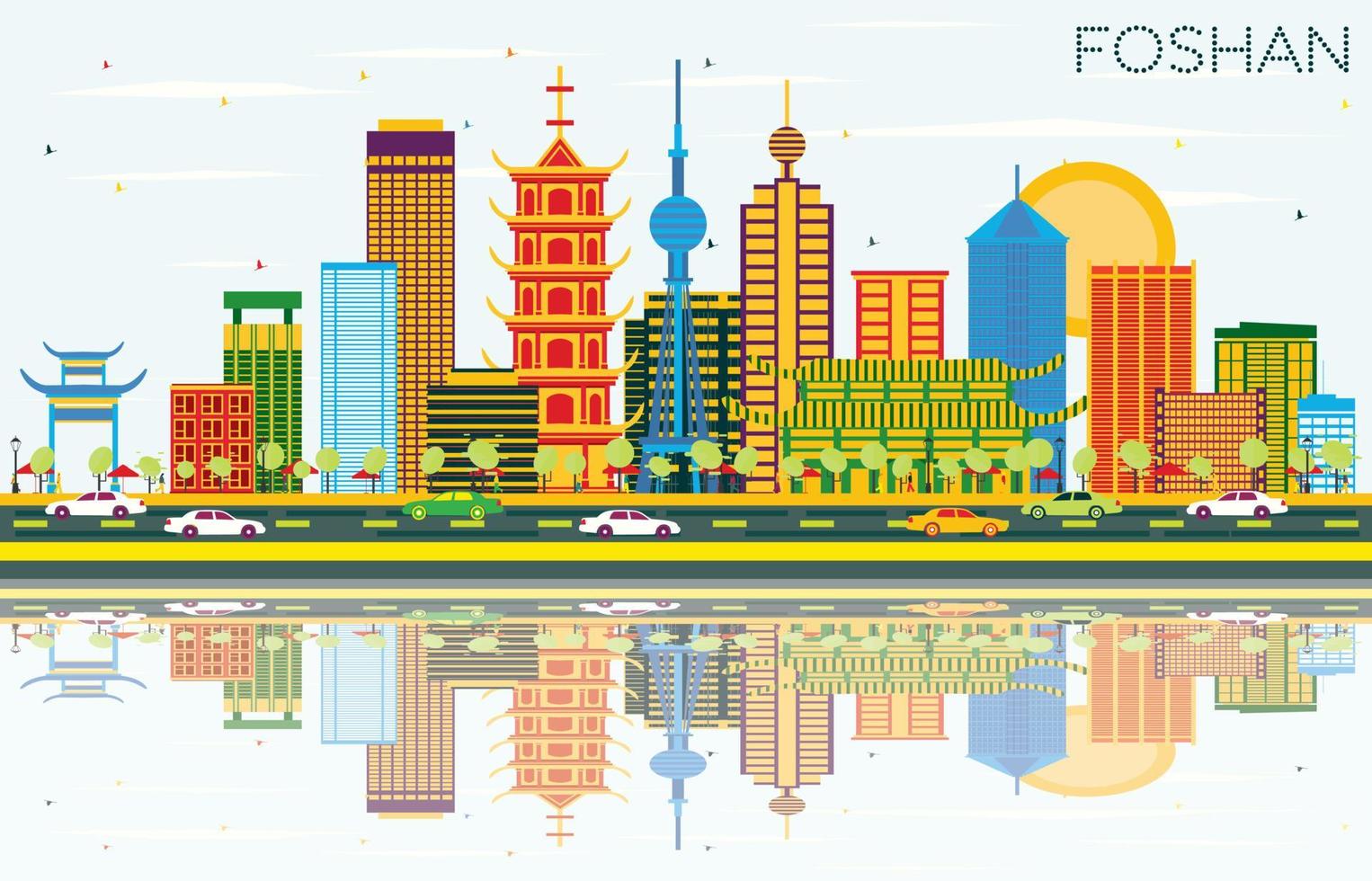 Foshan China Skyline with Color Buildings, Blue Sky and Reflections. vector