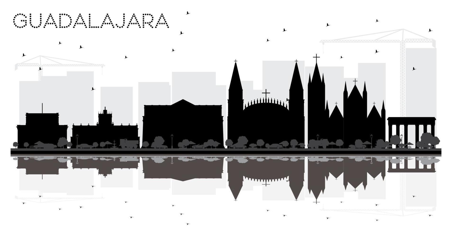 Guadalajara Mexico City skyline black and white silhouette with Reflections. vector