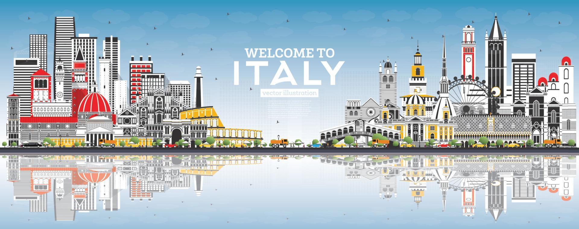 bienvenido al horizonte de la ciudad de italia con edificios grises, cielo azul y reflejos. vector