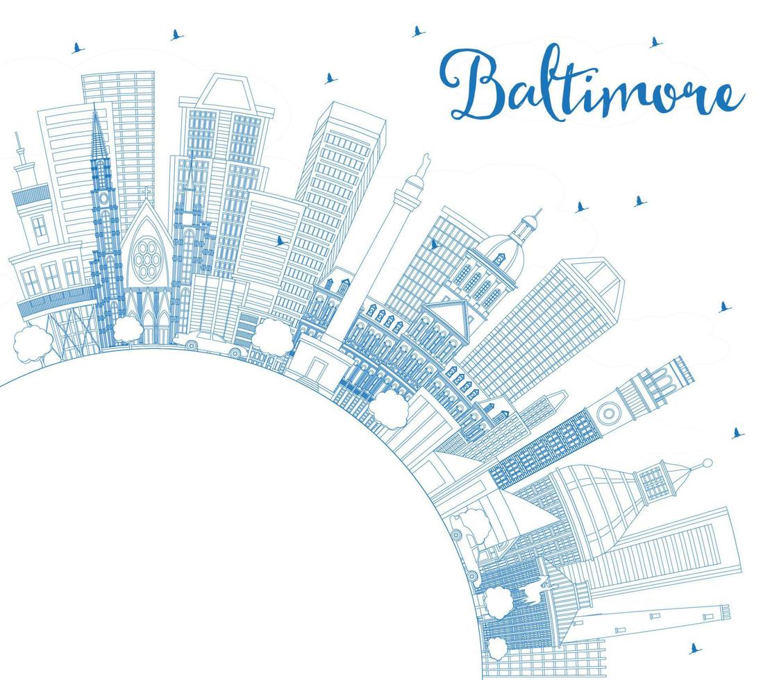 Outline Baltimore Maryland USA City Skyline with Blue Buildings and Copy Space. vector