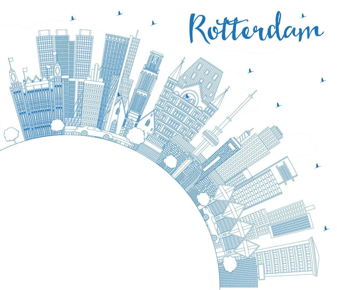 Outline Rotterdam Netherlands City Skyline with Blue Buildings and Copy Space. vector